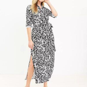 LOFT Linen Blend Maxi Shirt Dress Black & White Pineapple Size 6